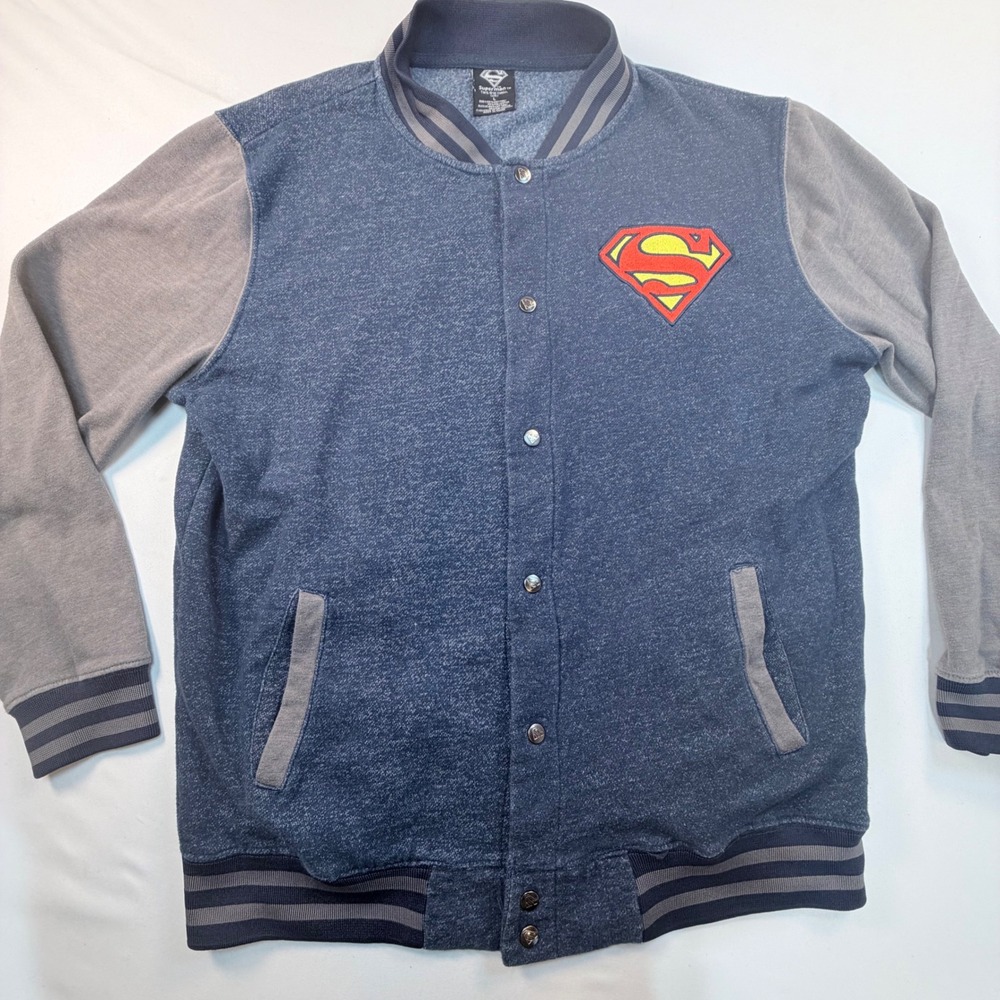Superman DC Comics Varsity Sweatshirt Mens L Snap Front Fleece Logo Blue Gray